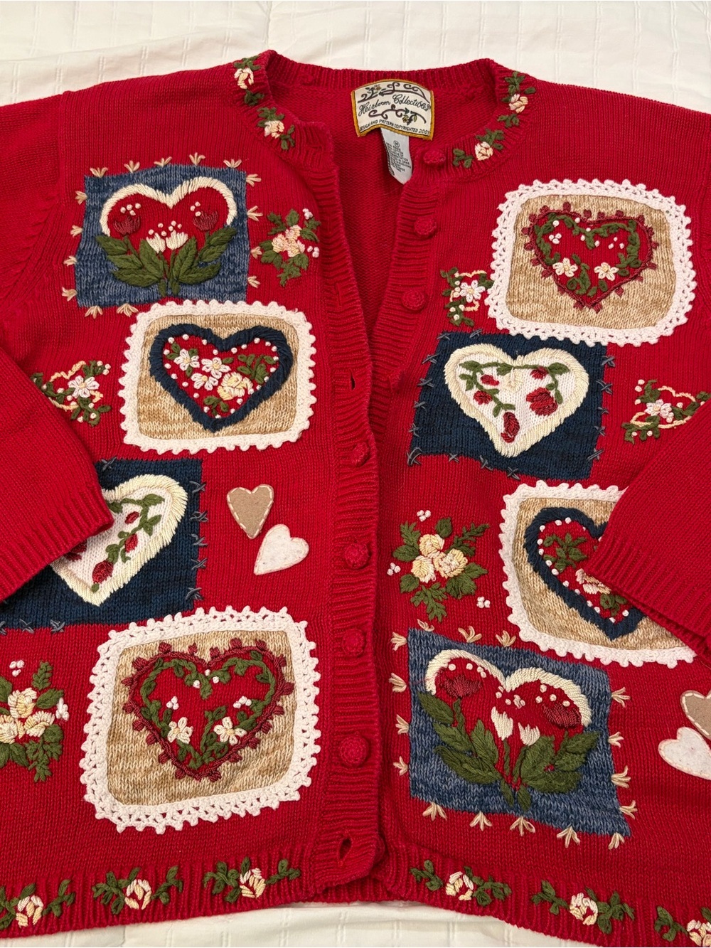 Vintage-Inspired Red Embroidered Heart Cardigan Sweater